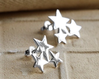 Sterling Silver Trio Star Stud Earrings – Dainty Celestial Earrings – Minimalist Star Jewellery – Gift for Her – Tiny Silver Studs
