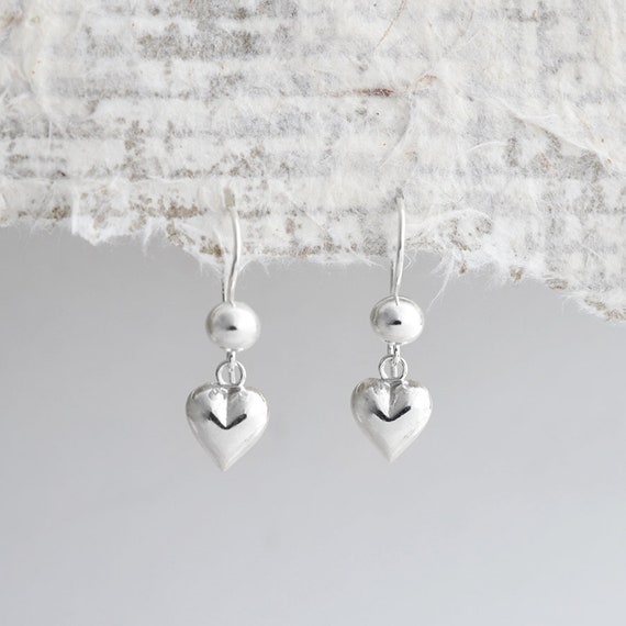 Sterling Silver Dangly Ball Heart Earrings - Etsy