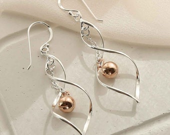 Sterling Silver Rose Gold Twist Ball Dangly Earrings