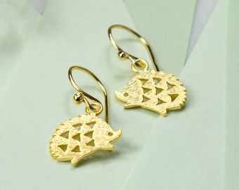 OLD Gold Plated Sterling Silver Hedgehog Dangly Earrings - Cute Animal Studs - Woodland Jewellery Gift - Dainty Gold Earrings for Her