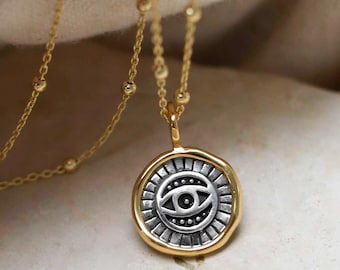 Gold Plated Sterling Silver Evil Eye Round Necklace
