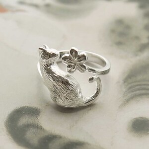 Sterling Silber Katze und Blume verstellbarer Ring Bild 5