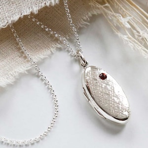 Sterling Silver Checkered Oval Locket Necklace with Garnet
