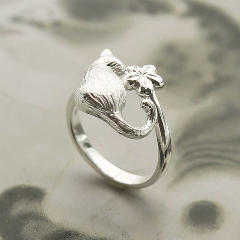 Sterling Silber Katze und Blume verstellbarer Ring Bild 4