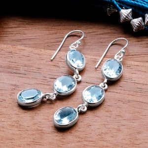 Sterling Silver Triple Blue Topaz Dangly Earrings