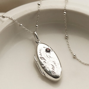 Sterling Silver Floral Oval Locket Necklace with Garnet