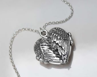 Sterling Silver Love Wings Locket Necklace – Angel Wing Heart Locket – Keepsake Photo Pendant – Gift for Her – Memorial Jewellery
