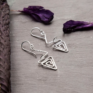 Sterling Silver Dangly Textured Triangle Swirl Earrings - Textured Dangly Earrings - Geometric Silver Drop Earrings - Gift for Her Jewellery