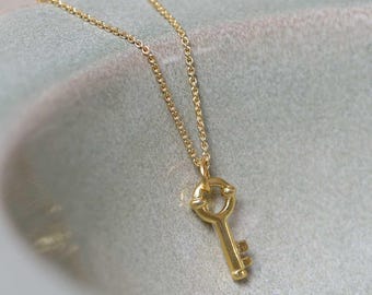 Gold Plated Sterling Silver Key Necklace – Dainty Key Pendant – Minimalist Gift for Her – Symbolic Jewellery – Everyday Layering Necklace