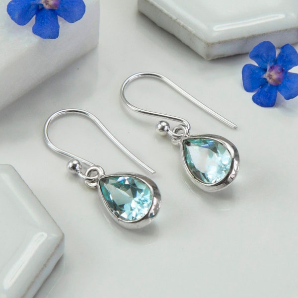 Sterling Silver Dangly Blue Topaz Teardrop Earrings