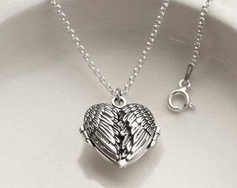 Sterling Silver Small Love Wings Locket – Angel Wing Heart Locket – Keepsake Photo Pendant – Gift for Her – Memorial Jewellery