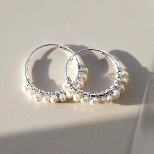 Sterling Silver Pearl Bead Hoop Earrings image 3