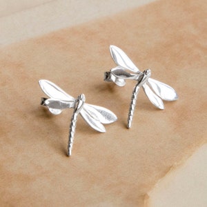 May include: A pair of silver dragonfly earrings. The dragonflies are detailed and have a textured finish.