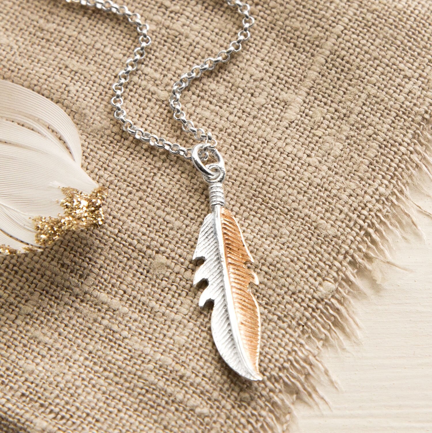 Sterling Silver and Rose Gold Feather Necklace - Etsy Israel