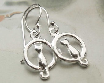 Sterling Silver Cat and Moon Earrings