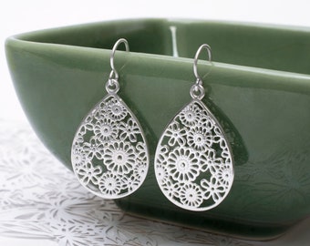 Sterling Silver Flower Teardrop Earrings