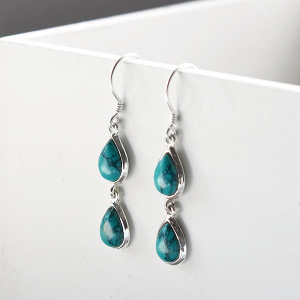 Sterling Silver Double Turquoise Dangly Teardrops