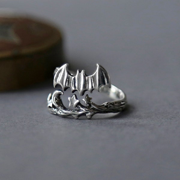 Sterling Silver Bat and Moon Ring