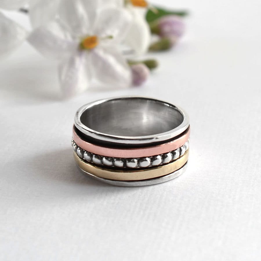 Sterling Silver Mixed Metal Beads and Bands Ring - Etsy