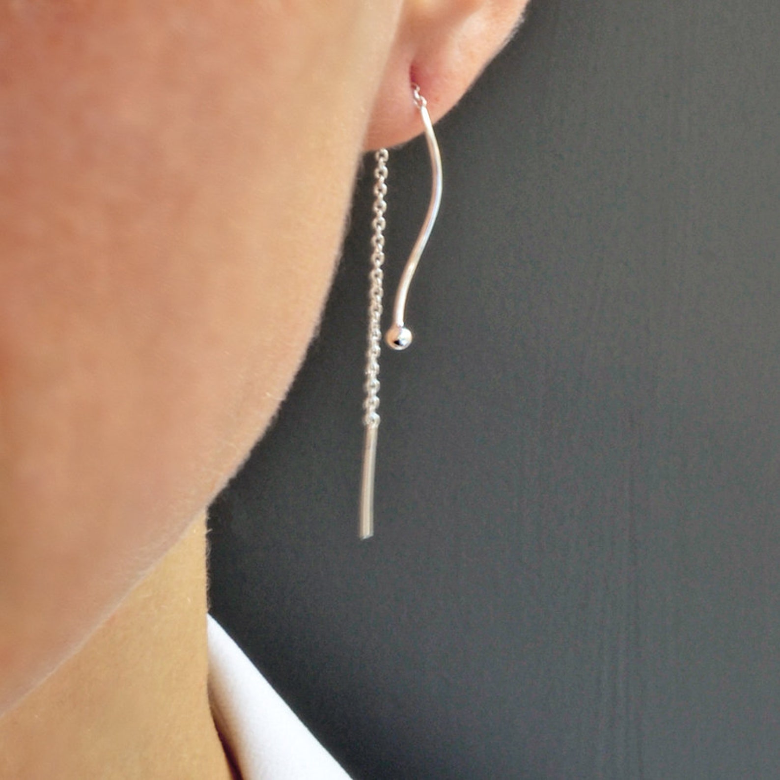 Sterling Silver Wave Threader Chain Earrings - Etsy UK