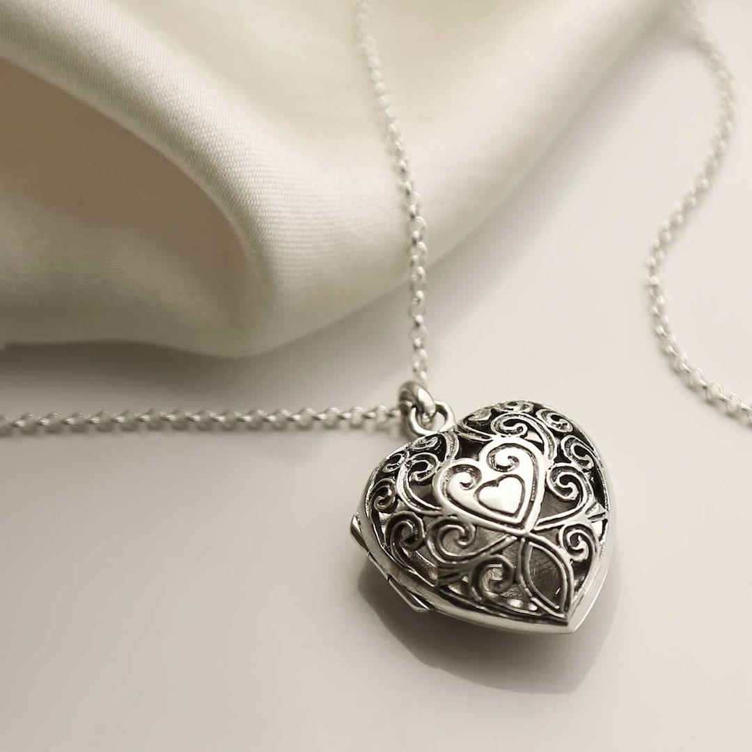 Large Sterling Silver Engraved Heart Locket Necklace