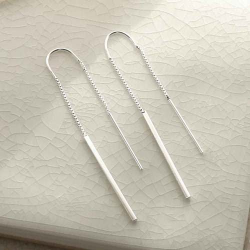 Sterling Silver 8.5mm Rectangle Flat Bar Threader Earrings Etsy
