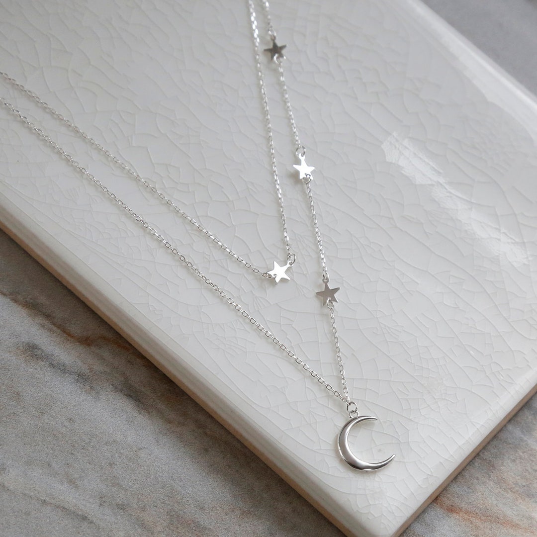 Sterling Silver Moon and Stars Layered Charm Necklace - Etsy