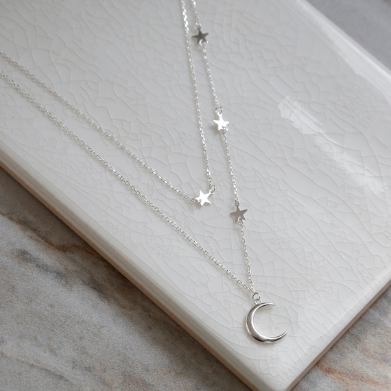 Sterling Silver Moon and Stars Layered Charm Necklace Etsy