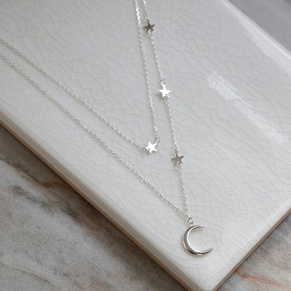 Sterling Silver Moon and Stars Layered Charm Necklace