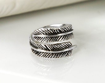 Sterling Silver Adjustable Oxidised Feather Ring