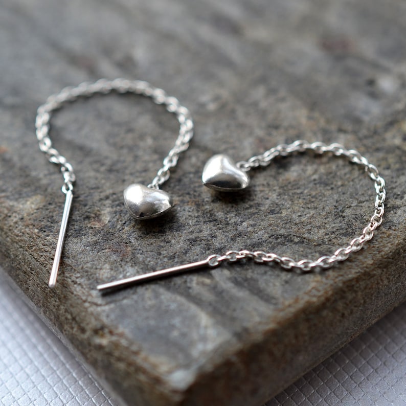 Sterling Silver Heart Threader Chain Earrings Etsy UK