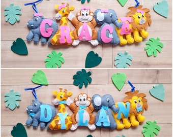 Felt name banner, Personalised decor, Door sign, Childrens bedroom decoration, Baby jungle safari nursery