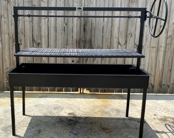 May include: Black metal outdoor grill with a rotating spit and a side shelf. The grill has a rectangular base with four legs and a metal grate.