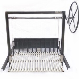 May include: A black metal rotisserie with a stainless steel grilling grate. The rotisserie has a large wheel on the right side for turning the spit. The spit is suspended from the top of the rotisserie frame by two chains.