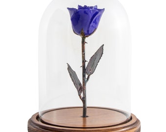 The Enchanted Beauty and the Beast Rose -  Real Violet Pearl Rose preserved to last forever on Wood Base in Glass Dome