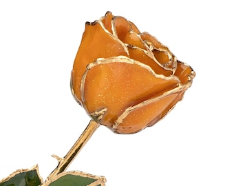 May include: A single orange rose with gold-plated edges and stem. The rose petals are a vibrant orange with a subtle speckled texture. The leaves are green with gold trim, set against a white background.