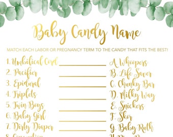 Juego de nombres de dulces de eucalipto para baby shower (descarga digital)