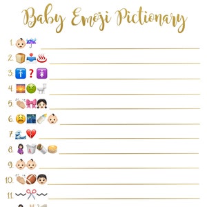 Pictionary Emoji pour baby shower l Jeu de baby shower l Lettrage doré l Tendance l Corrigé l Sans distinction de sexe l Téléchargement numérique l Imprimable