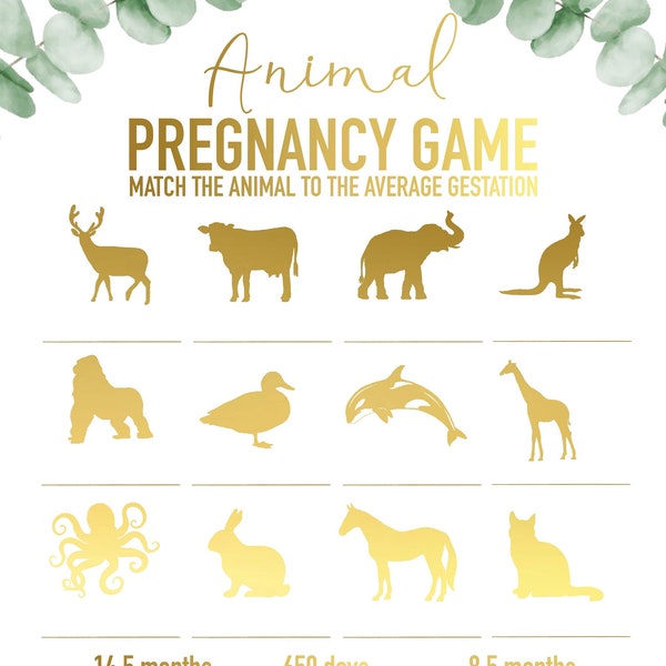 Jeu de grossesse animale l Jeu de baby shower l Eucalyptus Gold Theme l Gold Lettering l Trendy l Answer Key l Téléchargement numérique l Imprimable