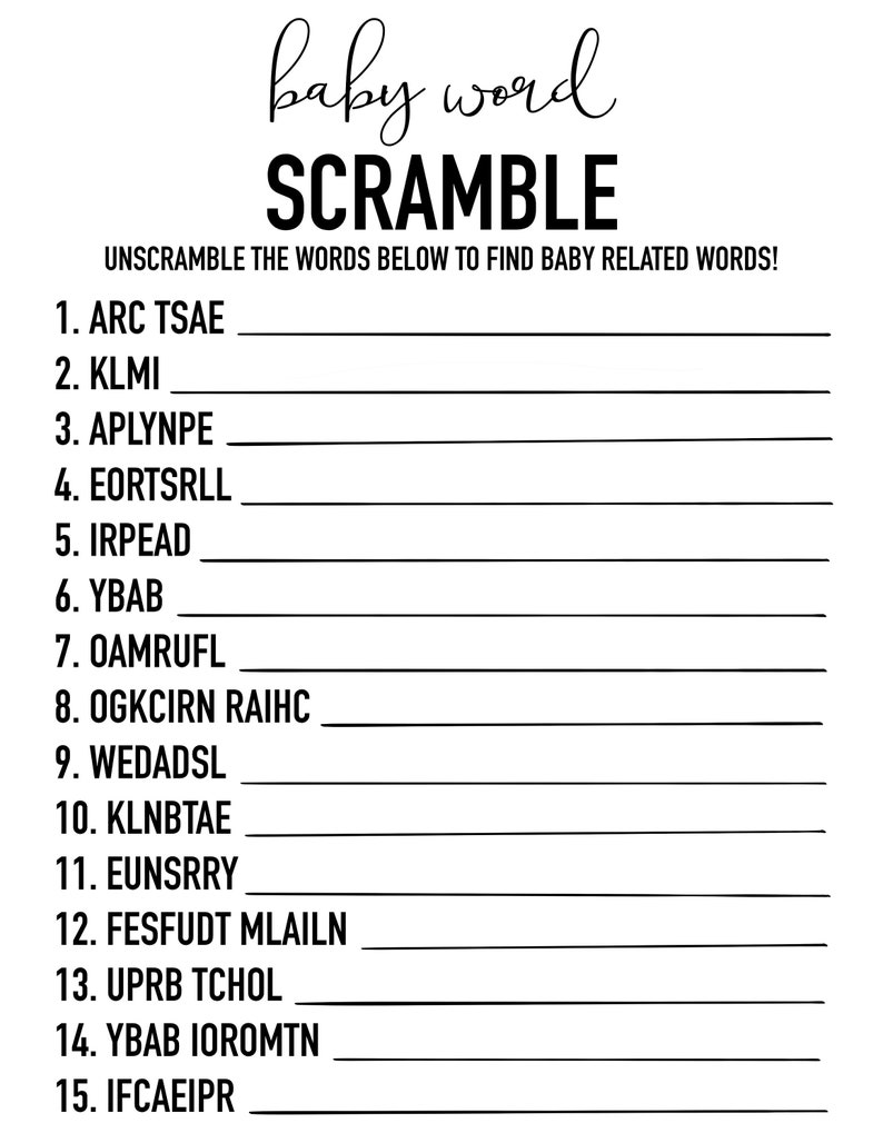 Baby Word Scramble Game L Baby Shower Game L Eucalyptus Gold Etsy