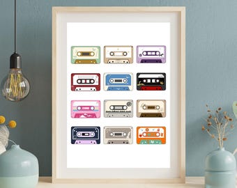Póster de casete inspirado en épocas pasadas / Arte mural retro con cintas / Decoración vintage para sala de música (Descarga digital)