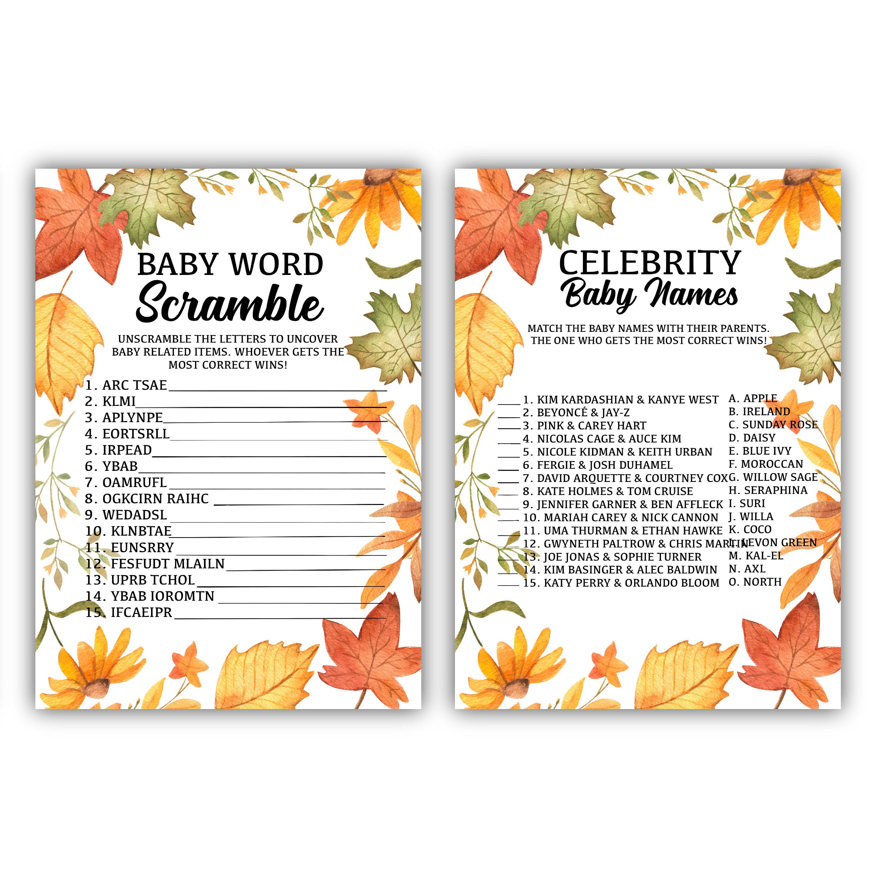 Fall Themed Baby Shower Game Printable Pack L Bundle Set L 6 Etsy Canada