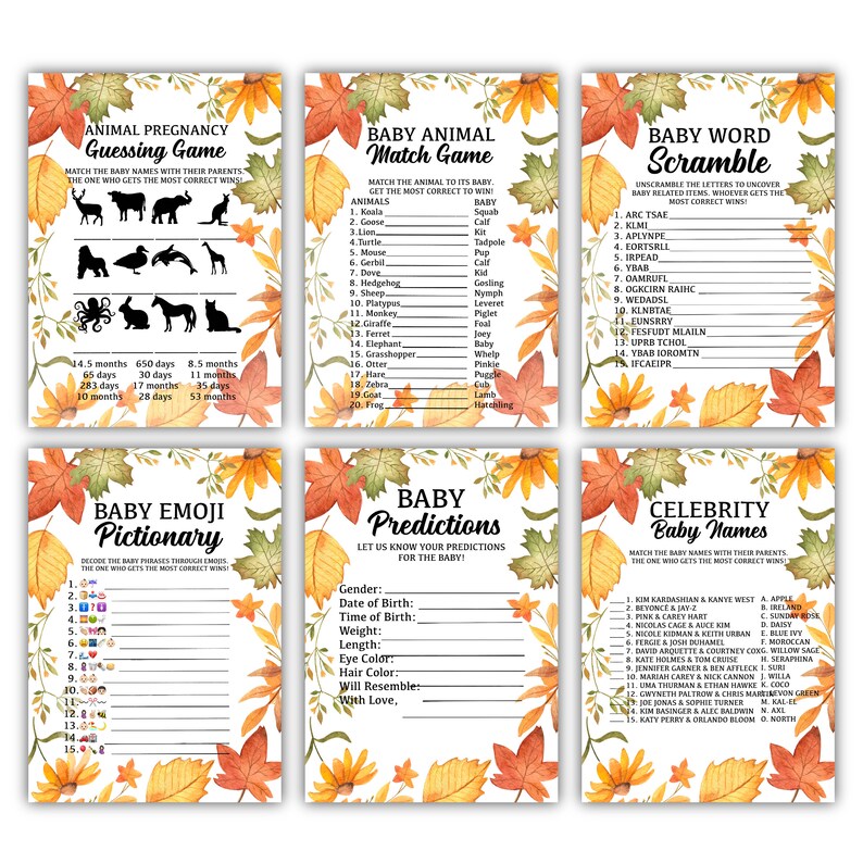 Fall Themed Baby Shower Game Printable Pack L Bundle Set L 6 Etsy