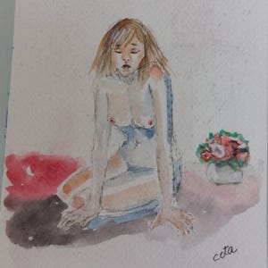 Originales Aquarell - Sinnende Jugend - Künstlerischer Akt von Leticia Sansores "Cota"