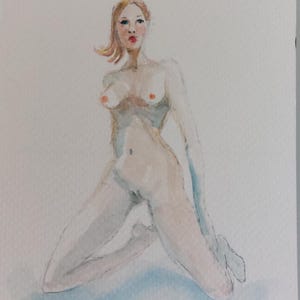 Originales Aquarell - Kniende Frau - Künstlerischer Akt - Postkartengröße von Leticia Sansores"Cota"