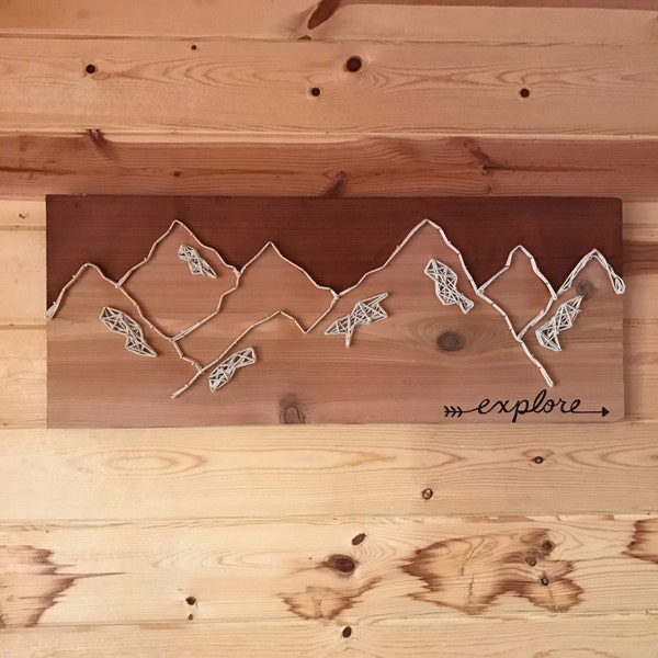 Explore Mountains String Art Wood Sign Handmade Painted Stained Adventure Decor