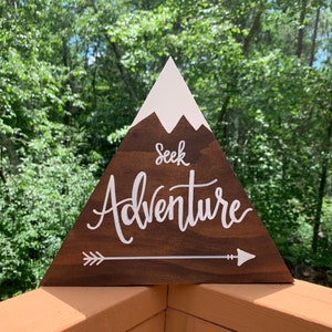 Seek Adventure Hand Lettered Wood Mountain Sign Gift Decoration
