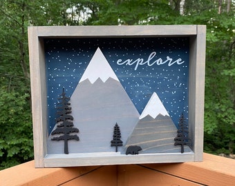 Framed Grey and Blue Explore Night Stars with Bear 3D Trees and Mountain Range Wall Art Cabin Decor Rustic Home Decoration