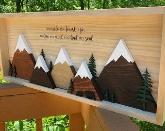3D Mountain Range Wood Sign: Rustic Cabin Decor Wall Art