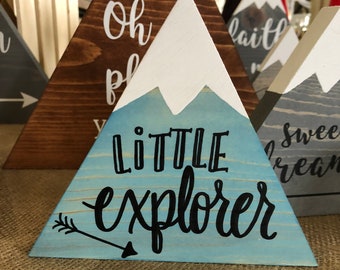 Little Explorer Mountain Sign Blue Hand lettered Mountain Decor Nursery Decor Arrow